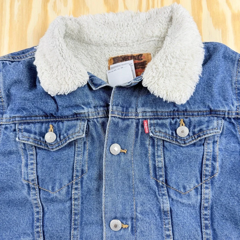 Levis Kids Denim Sherpa Trucker Jacket Blue Medium Wash Size L 12-13 Yrs